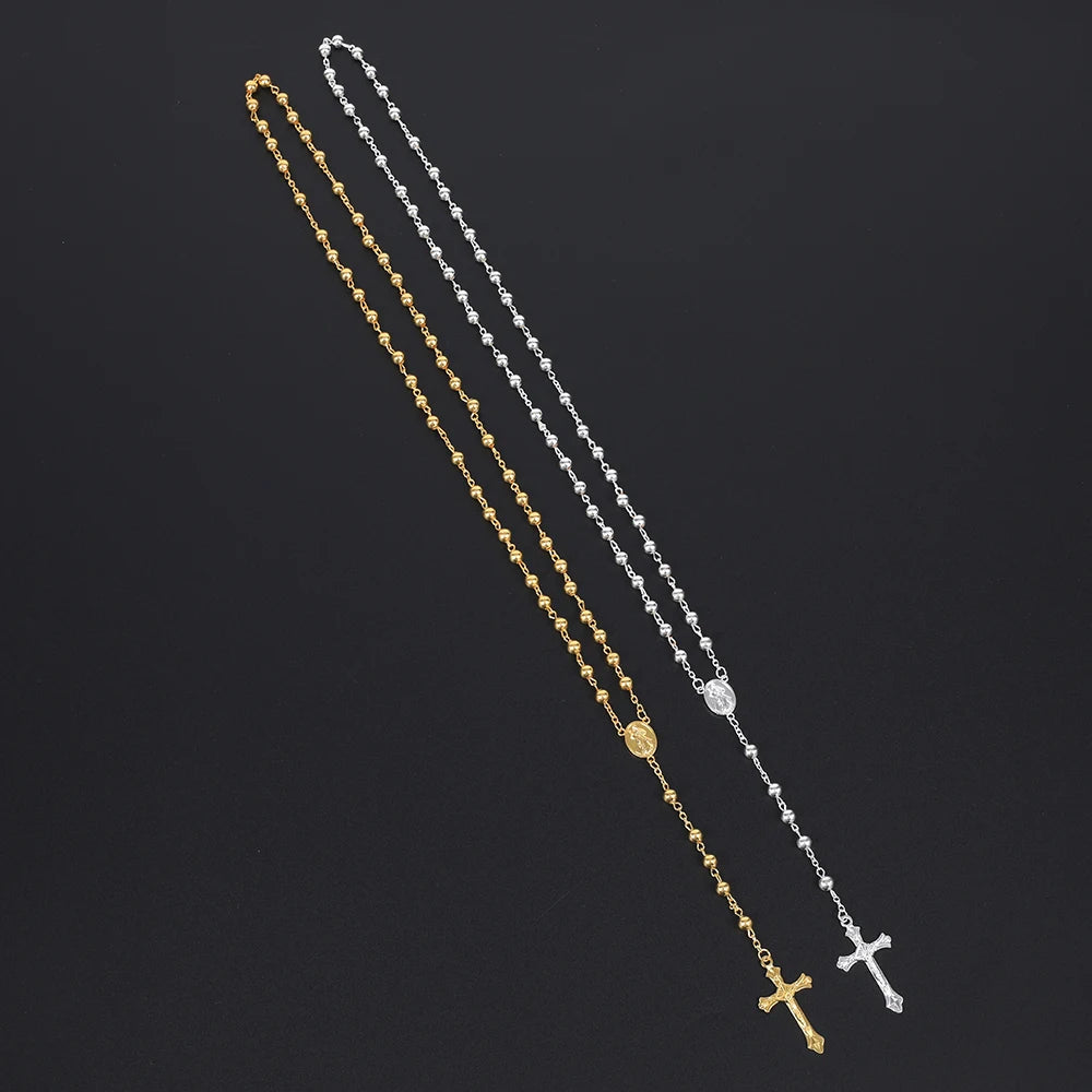 Aveuri-Christmas Gift New Year's Eve Gift Gold Color Rosary Necklace For Women Men Long 6MM Beads Chain Crucifix Cross Pendant Religious Prayer Party Jewelry Gift