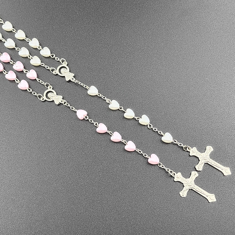 Aveuri-Christmas Gift New Year's Eve Gift Christian Rosary Beads Necklace For Women Cross INRI Virgin Mary Pendant Pink Heart Chain Female Religion Prayer Party Jewelry