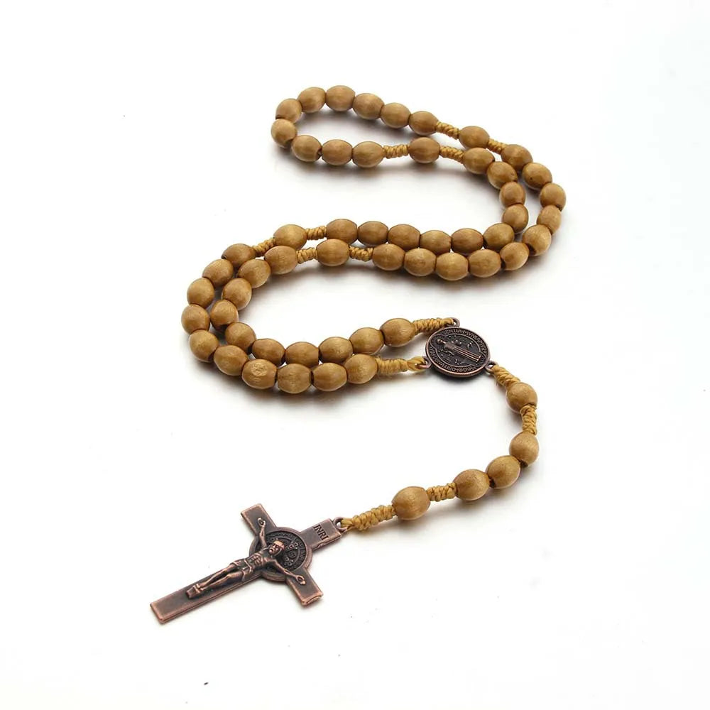 Aveuri-Christmas Gift New Year's Eve Gift Handmade Wood Beads Rosary Necklace For Women Men Crucifix Cross Pendant Long braided Rope Chain Religious Prayer Jewelry