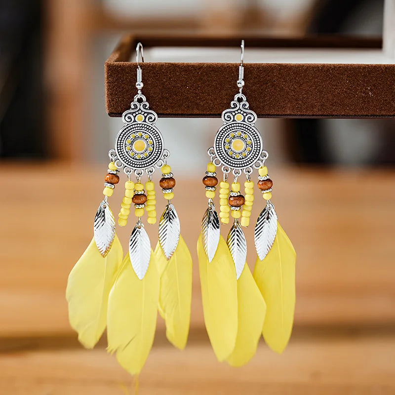 Aveuri-Christmas Gift New Year's Eve Gift Bohemian Ethnic Feather Drop Earrings For Women Elegant Wood Beads Leaf Long Tassels Dangle Earring Girls Fashion Party Jewelry