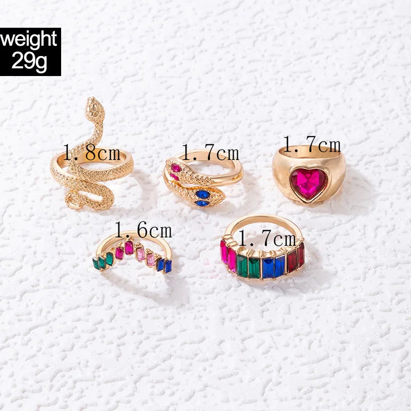 Aveuri-Christmas Gift New Year's Eve Gift Colorful Crystal Snake Shape Ring Set For Women Fashion Butterfly Heart Gold Color Geometric Rings Female Wedding Finger Jewelry