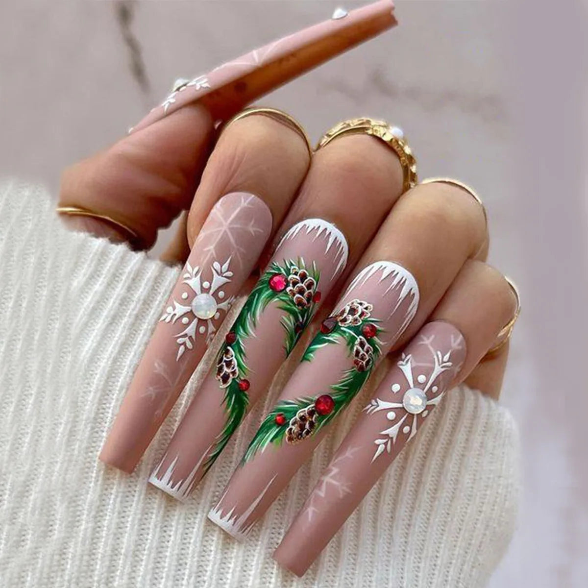 24PCS Christmas Snow Elk Tree Fake Nails Reusable Stick On Nails Press on Full Cover 3D False Nail Tips DIY Manicure Dropship