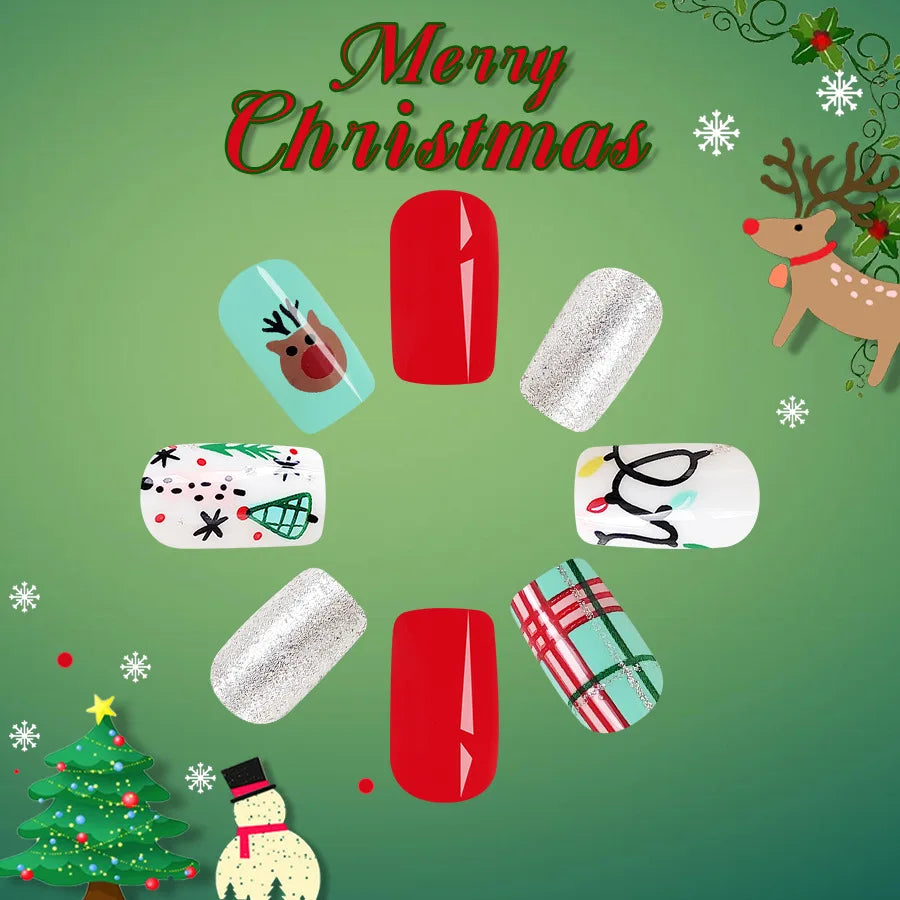 24Pcs Short Glossy Square Christmas Press-On Nails Red-Green Cute Reindeer Glitter Design Fake Nail Tips for Women Festive Wear