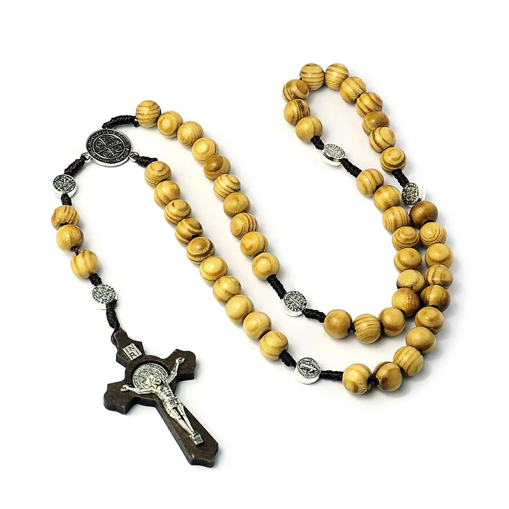 Aveuri-Christmas Gift New Year's Eve Gift Christian 10MM Wood Beaded Rosary Necklaces For Women Catholic INRI Crucifix Cross Pendant Chain Men Religion Prayer Jewelry