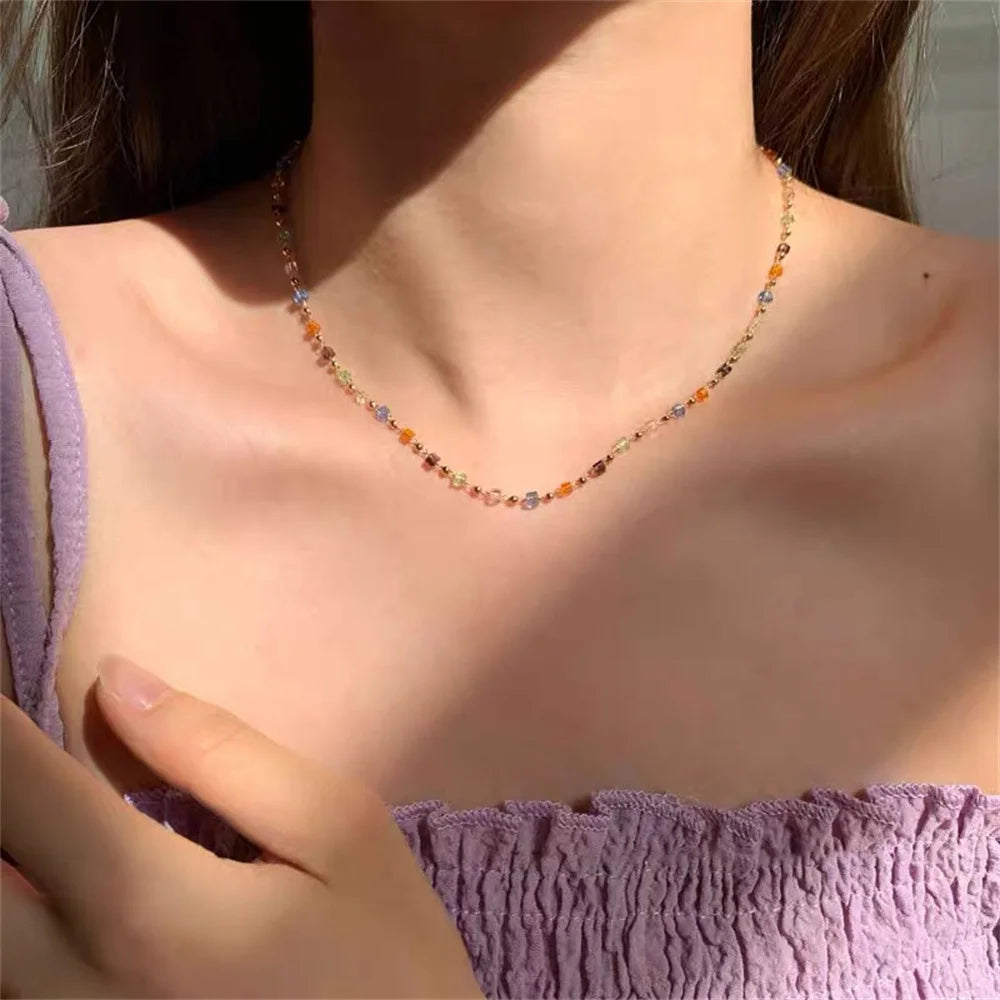 Aveuri Simple Colorful Square Acrylic Choker Fashion Gold Color Bead Chain Necklace Vintage Crystal Necklace For Women  Party Jewelry