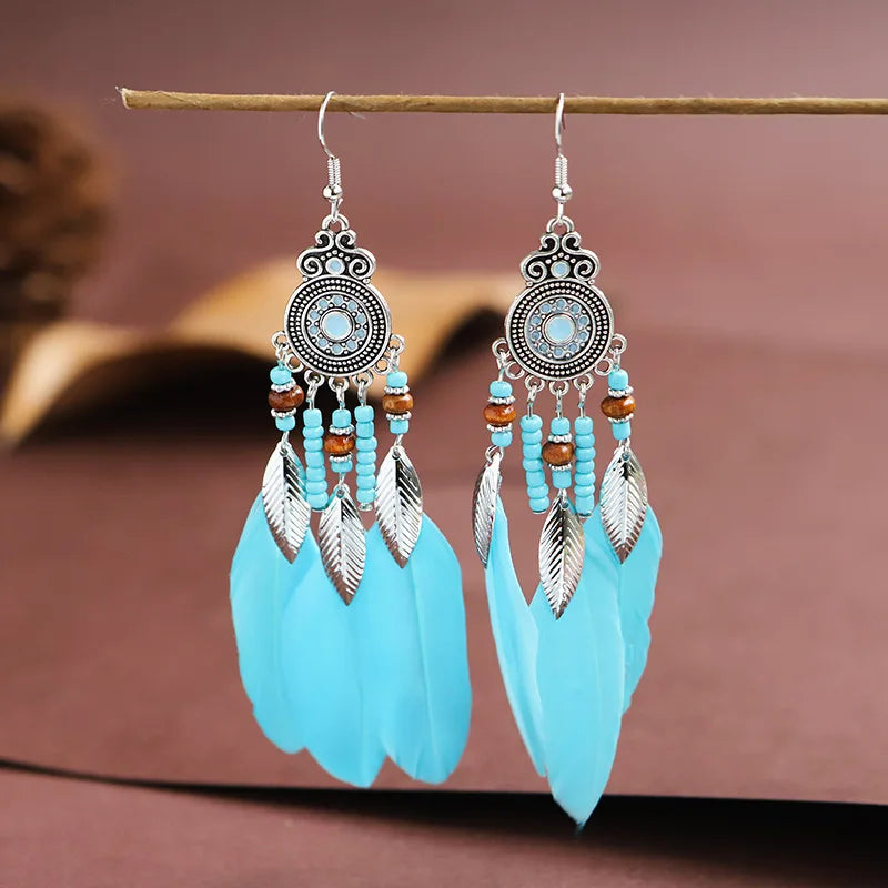 Aveuri-Christmas Gift New Year's Eve Gift Bohemian Ethnic Feather Drop Earrings For Women Elegant Wood Beads Leaf Long Tassels Dangle Earring Girls Fashion Party Jewelry