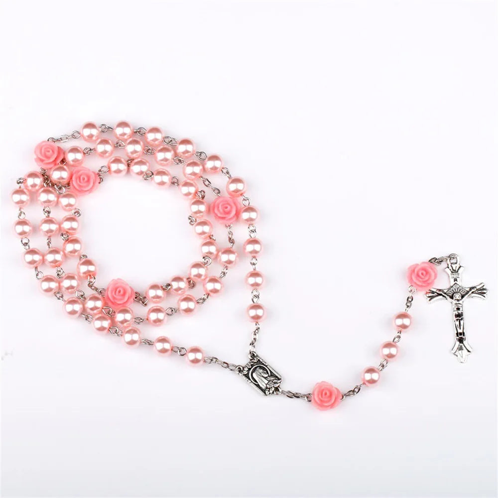 Aveuri-Christmas Gift New Year's Eve Gift 6MM Pink Rosary Necklace For Women Rose Glass Beads Chain Crucifix Cross INRI Pendant Men Religious Prayer Long Jewelry