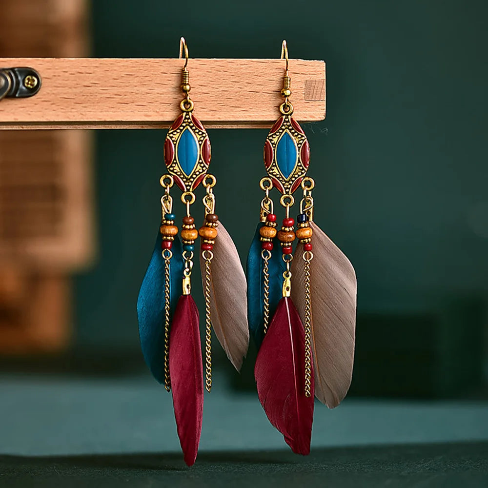 Aveuri-Christmas Gift New Year's Eve Gift Bohemian Ethnic Feather Earrings For Women Long Tassel Beads Handmade Drop Dangle Earrings Girl Fashion Wedding Jewelry Gift