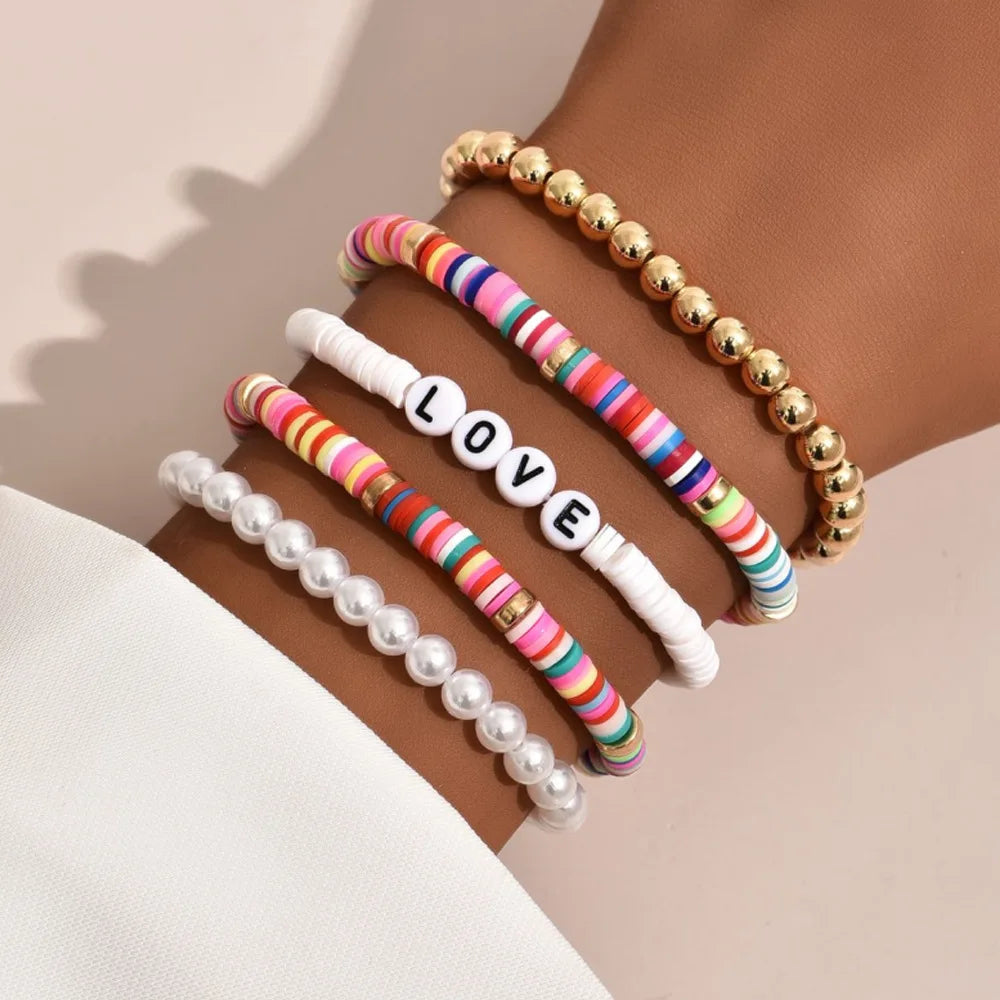 Aveuri-Christmas Gift New Year's Eve Gift Fashion Rainbow Stackable Bracelets Set For Women Heart Charm Soft Clay Pottery Layering Beads Chain Bangle Female Boho Jewelry