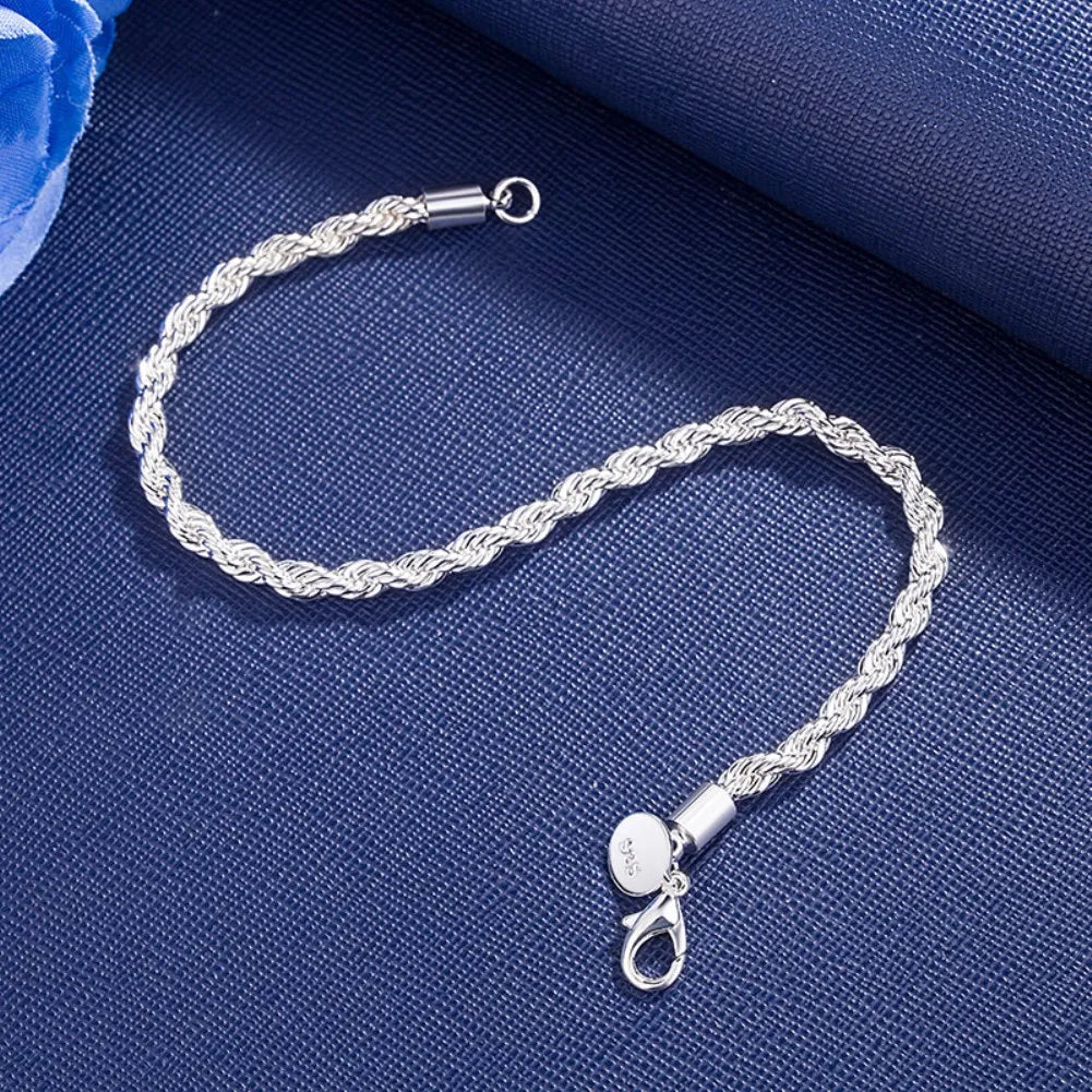 Aveuri Hot Street charms 4MM Twisted rope chain 925 sterling silver Bracelets for man woman Fashion classic jewelry Wedding party gifts