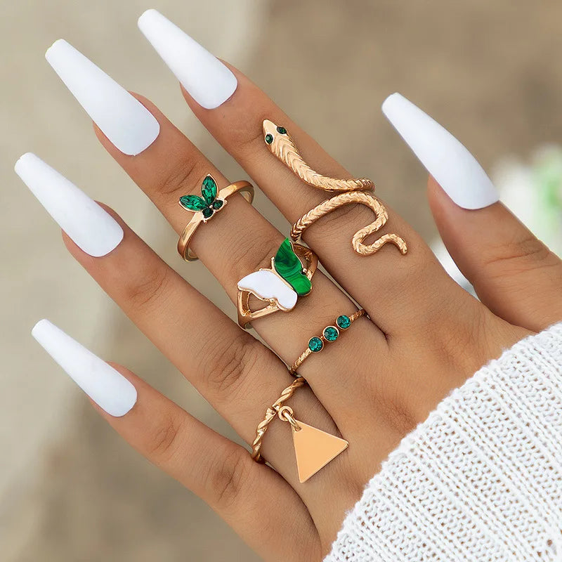 Aveuri-Christmas Gift New Year's Eve Gift Colorful Crystal Snake Shape Ring Set For Women Fashion Butterfly Heart Gold Color Geometric Rings Female Wedding Finger Jewelry