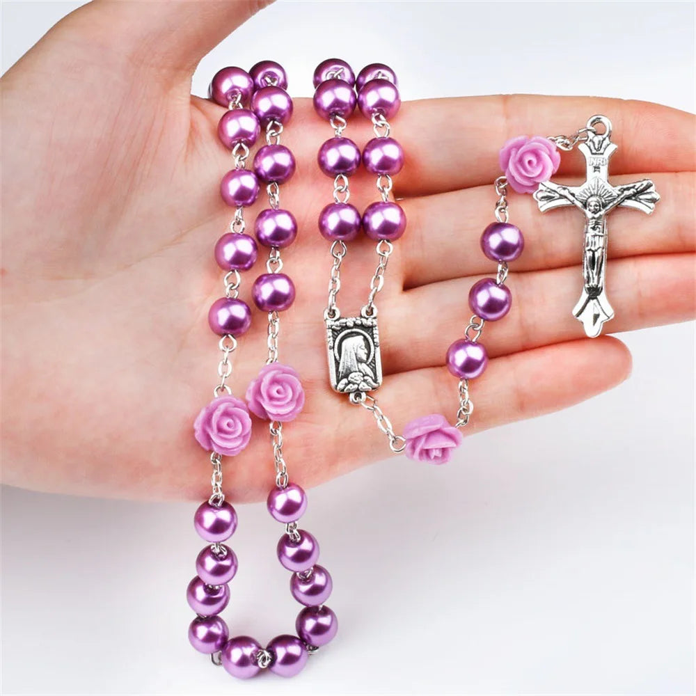 Aveuri-Christmas Gift New Year's Eve Gift 6MM Pink Rosary Necklace For Women Rose Glass Beads Chain Crucifix Cross INRI Pendant Men Religious Prayer Long Jewelry