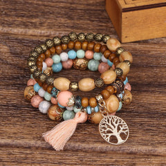 Aveuri-Christmas Gift New Year's Eve Gift 4Pcs Bohemia Tree Of Life Charm Beaded Bracelet Set For Women Handmade Wood Beads Chain Bangle Female Boho Jewelry