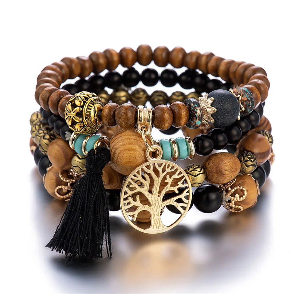 Aveuri-Christmas Gift New Year's Eve Gift Boho Tree Of Life Bracelet Set For Women Fashion Tassels Charm Wooden Beads Elastic Chain Bangle Girl Trendy Party Jewelry