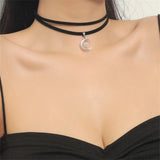Fashion Silver Color Moon Pendant Necklace Gothic Acrylic Beads Flannel Collar Vintage Clavicle Chain Choker Kpop Jewelry