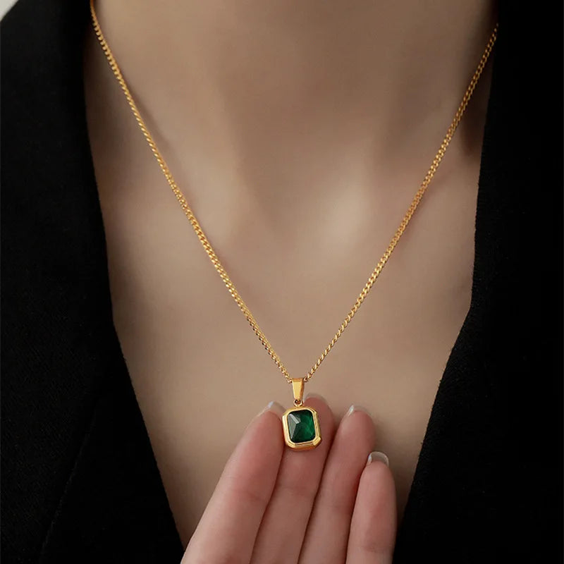 Aveuri Retro Square Green Zircon Pendant Necklace For Women Titanium Steel Necklace Girls Wedding Engagement Jewelry