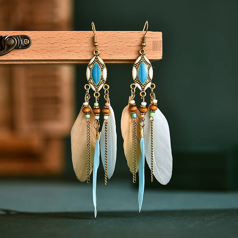 Aveuri-Christmas Gift New Year's Eve Gift New Ethnic Long Feather Dangle Earrings For Women Bohemian Tassel Beads Handmade Enamel Earrings Girl Bride Wedding Jewelry