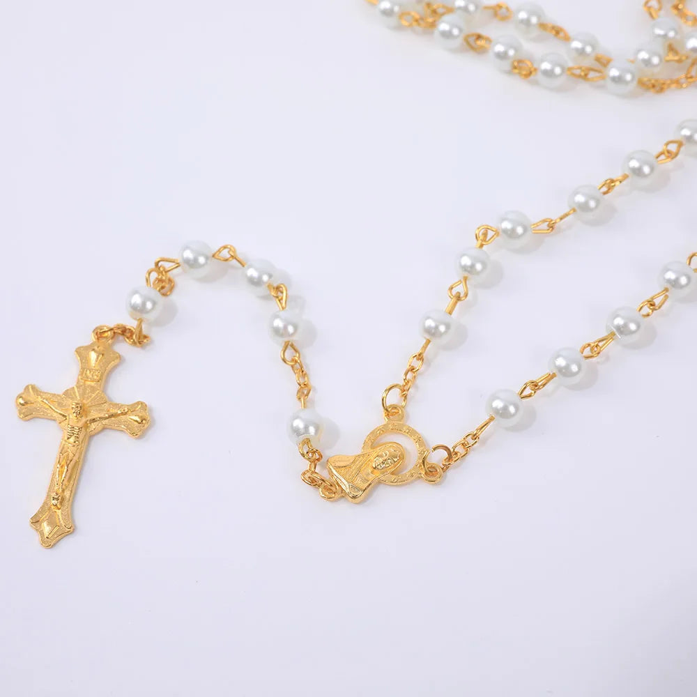 Aveuri-Christmas Gift New Year's Eve Gift Religious Rosary Necklace For Women 6MM White Imitation Pearls Long Chain Crucifix Cross Pendant Prayer Party Jewelry Gift