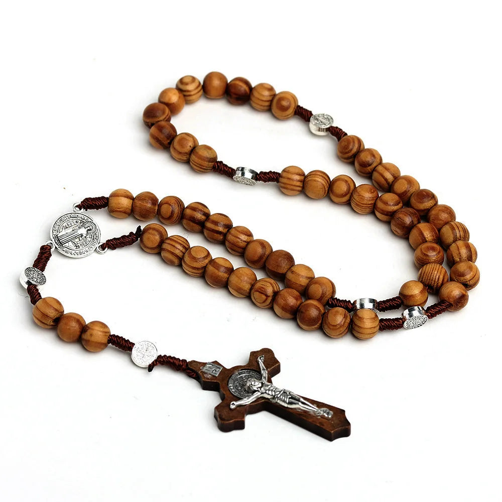 Aveuri-Christmas Gift New Year's Eve Gift 10MM Wood Beads Rosary Cross Necklace For Women Men Christian Virgin Mary INRI Pendant Chain Fashion Religion Jewelry