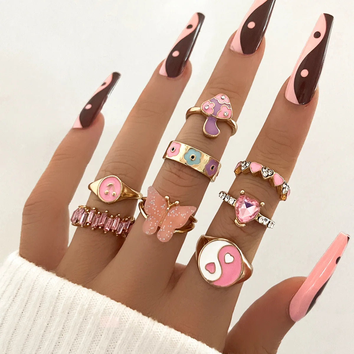 Aveuri-Christmas Gift New Year's Eve Gift Bohemia Geometric Colorful Enamel Kunckle Ring Set For Women Butterfly Heart Sign Finger Ring Female Daily Jewelry