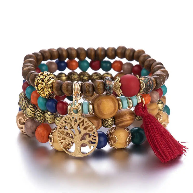 Aveuri-Christmas Gift New Year's Eve Gift Boho Tree Of Life Bracelet Set For Women Fashion Tassels Charm Wooden Beads Elastic Chain Bangle Girl Trendy Party Jewelry