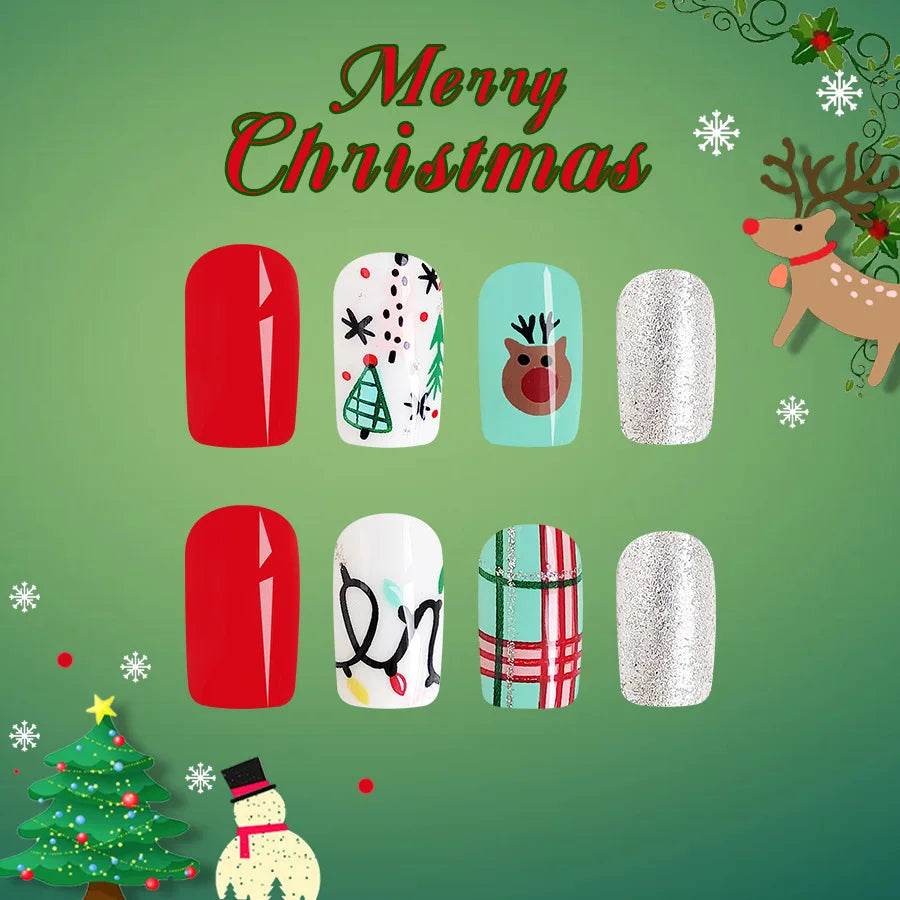 24Pcs Short Glossy Square Christmas Press-On Nails Red-Green Cute Reindeer Glitter Design Fake Nail Tips for Women Festive Wear