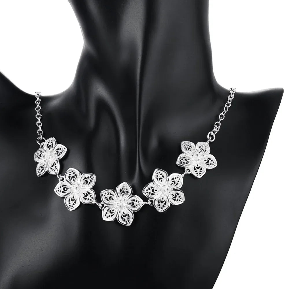 Aveuri Korean Charms 925 Sterling Silver beautiful elegant Flowers necklace earrings Jewelry sets for women Fashion Party wedding gifts