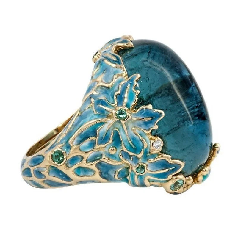 Aveuri-Christmas gifts idea Winter outfits Christmas outfits Elegant Women Fashion Gold Color Carving Enamel Flower Rings for Women Creativity Inlaid Blue Stone Engagement Ring Jewelry