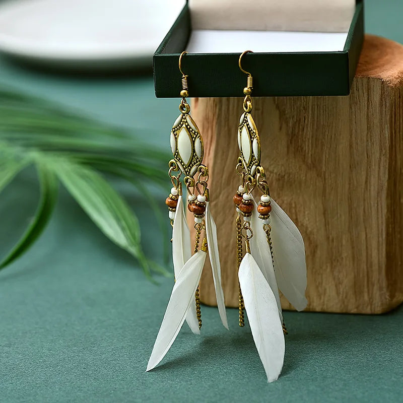 Aveuri-Christmas Gift New Year's Eve Gift New Ethnic Long Feather Dangle Earrings For Women Bohemian Tassel Beads Handmade Enamel Earrings Girl Bride Wedding Jewelry