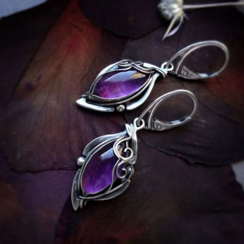 Aveuri-Christmas gifts idea Winter outfits Christmas outfits Gorgeous Silver Color Metal Oval Flower Geometry Purple Stone Dangle Earrings for Women Jewelry