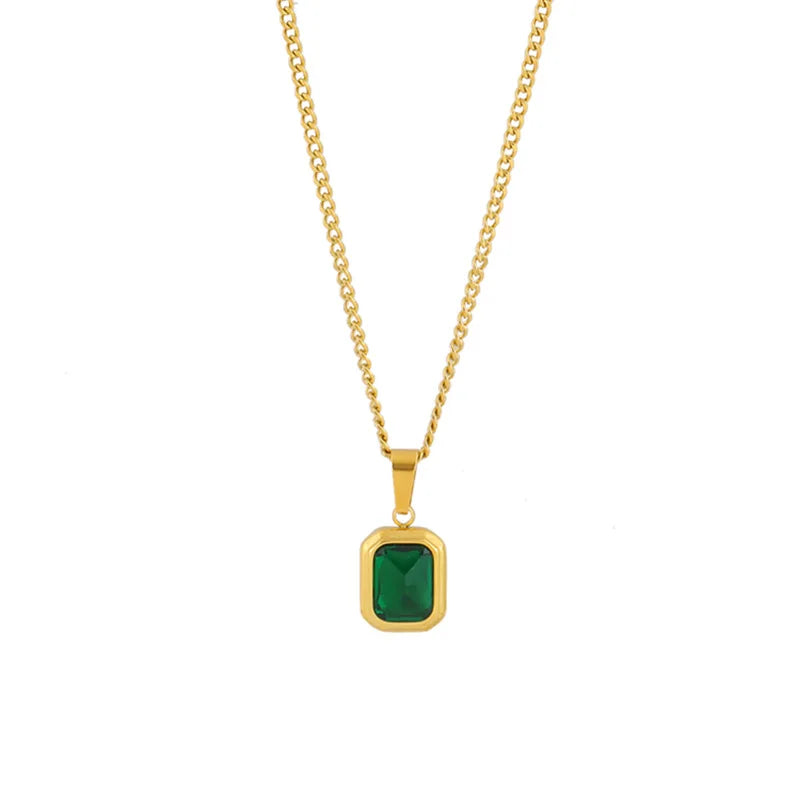 Aveuri Retro Square Green Zircon Pendant Necklace For Women Titanium Steel Necklace Girls Wedding Engagement Jewelry