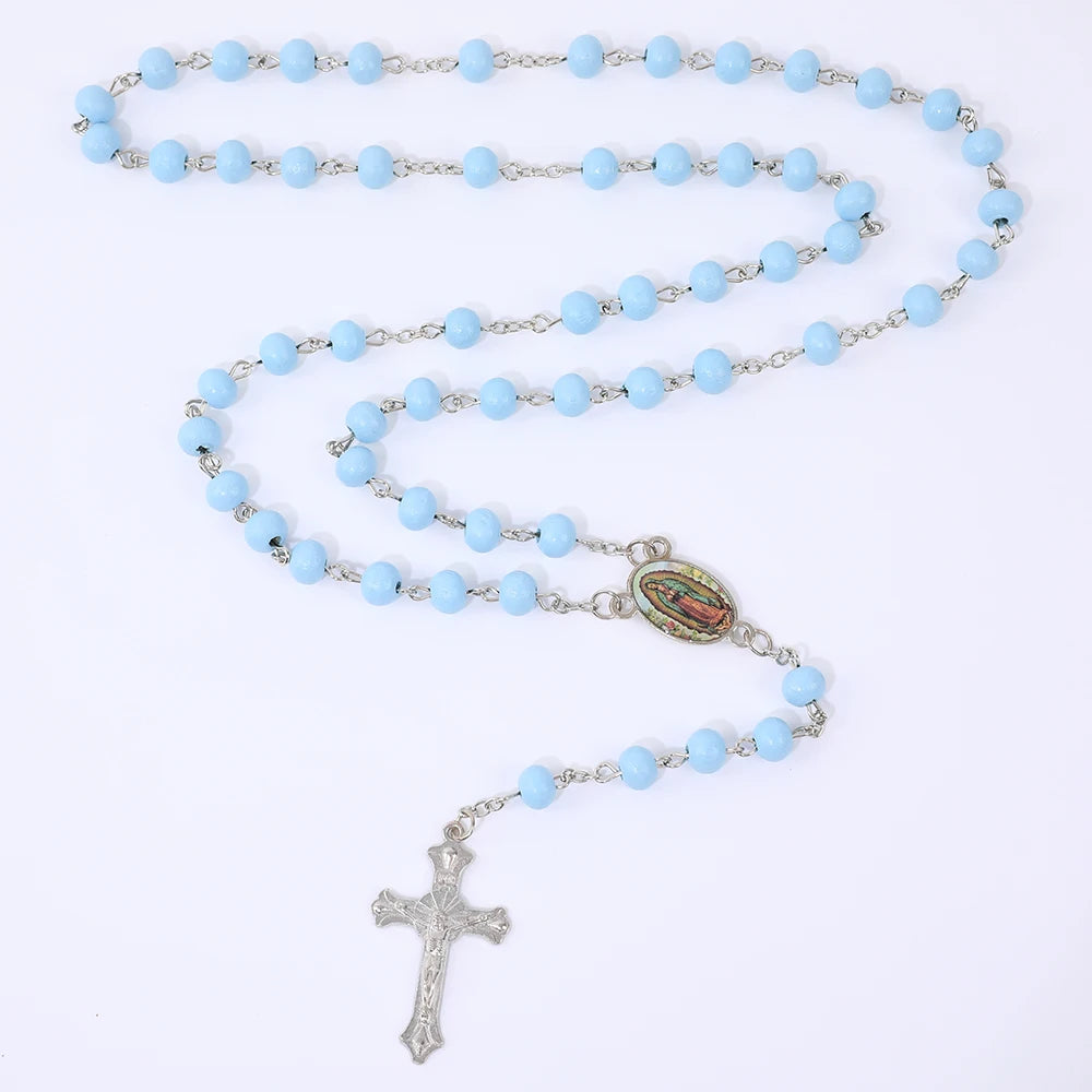 Aveuri-Christmas Gift New Year's Eve Gift Blue Rosary Necklace For Women Men 6MM Wooden Prayer Beads Long Chain Religious Virgin Mary Cross Pendant Men Party Jewelry Gift