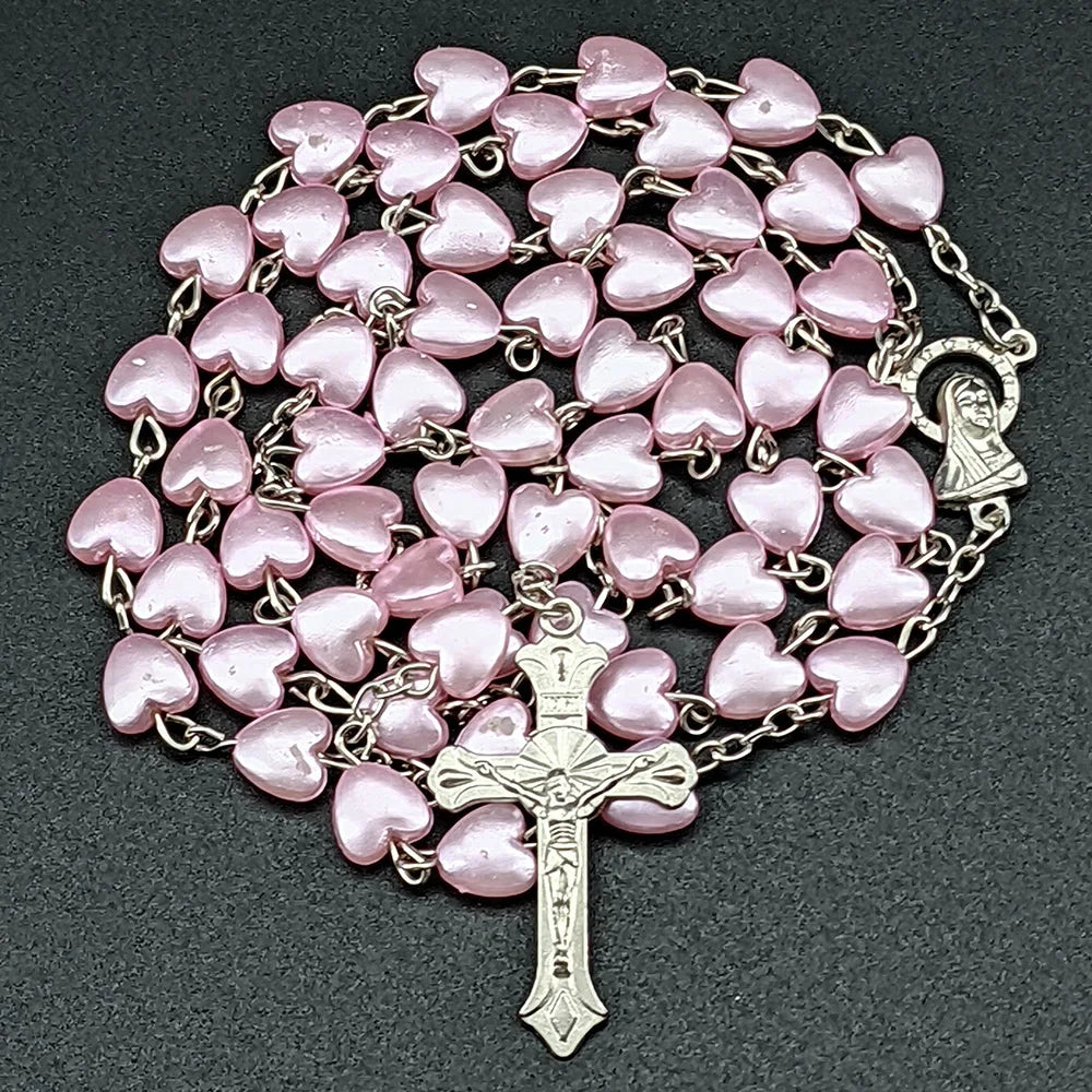 Aveuri-Christmas Gift New Year's Eve Gift Christian Rosary Beads Necklace For Women Cross INRI Virgin Mary Pendant Pink Heart Chain Female Religion Prayer Party Jewelry