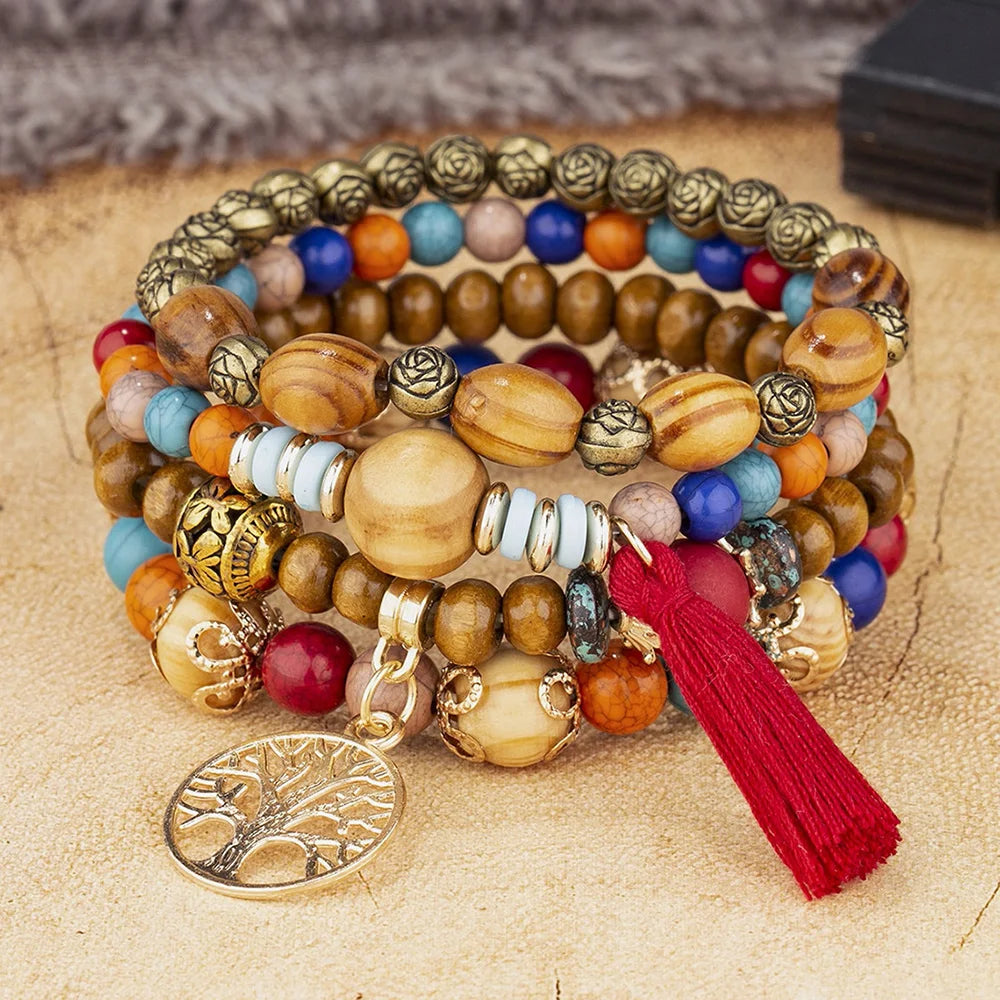 Aveuri-Christmas Gift New Year's Eve Gift Boho Tree Of Life Bracelet Set For Women Fashion Tassels Charm Wooden Beads Elastic Chain Bangle Girl Trendy Party Jewelry