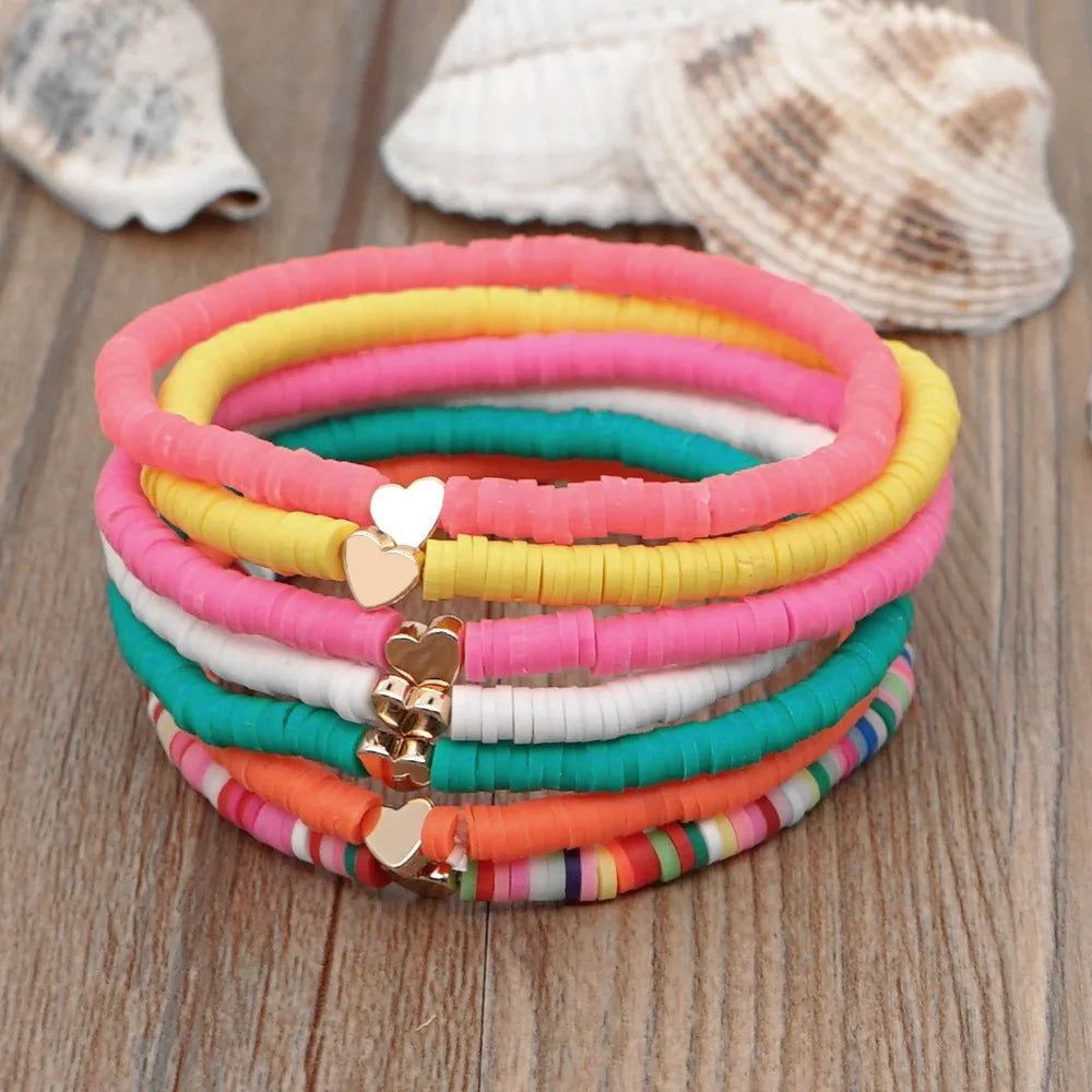 Aveuri-Christmas Gift New Year's Eve Gift Fashion Rainbow Stackable Bracelets Set For Women Heart Charm Soft Clay Pottery Layering Beads Chain Bangle Female Boho Jewelry