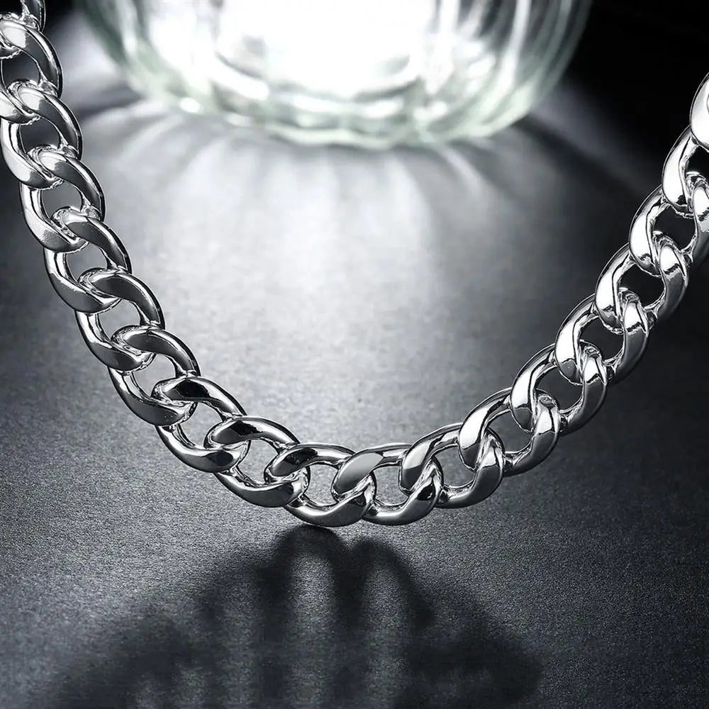 Aveuri Fine 925 Sterling Silver Solid 10MM Chain Necklace Bracelets Jewelry Sets Wedding party Gift Fashion for Men Women 50/55/60CM