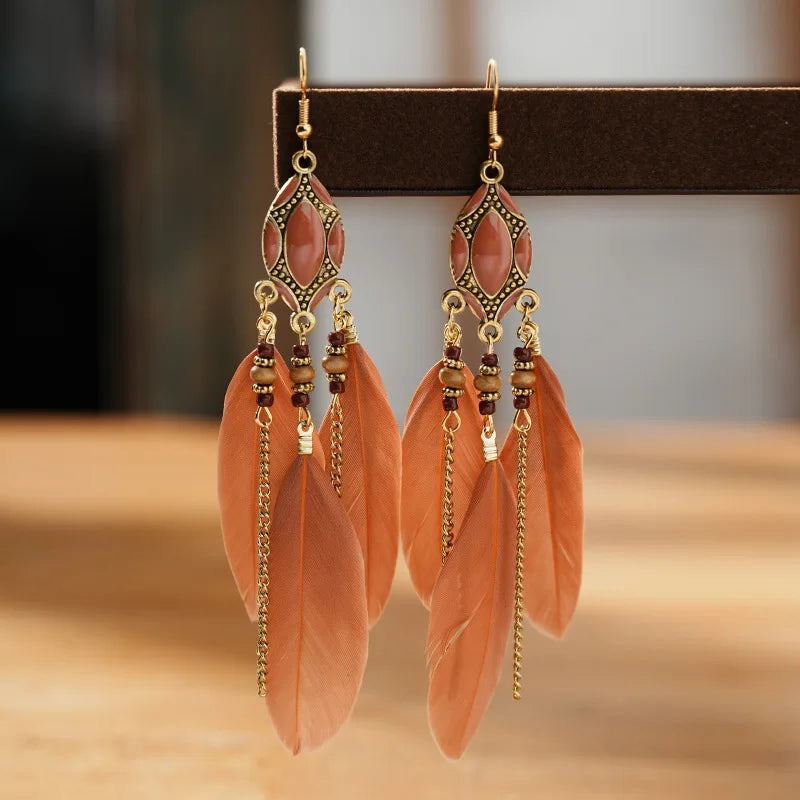 Aveuri-Christmas Gift New Year's Eve Gift New Ethnic Long Feather Dangle Earrings For Women Bohemian Tassel Beads Handmade Enamel Earrings Girl Bride Wedding Jewelry