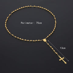 Aveuri-Christmas Gift New Year's Eve Gift Gold Color Rosary Necklace For Women Men Long 6MM Beads Chain Crucifix Cross Pendant Religious Prayer Party Jewelry Gift