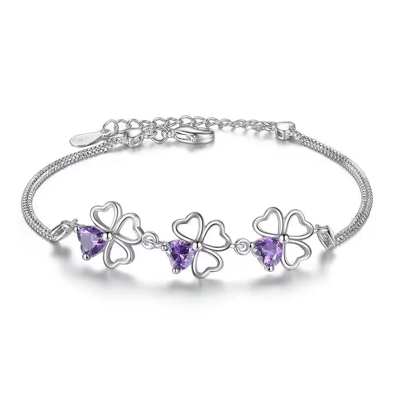 Aveuri Hot luxury designer 925 Sterling Silver Purple crystal Lucky Clover Bracelets for women fashion party wedding Jewelry 17CM+4CM