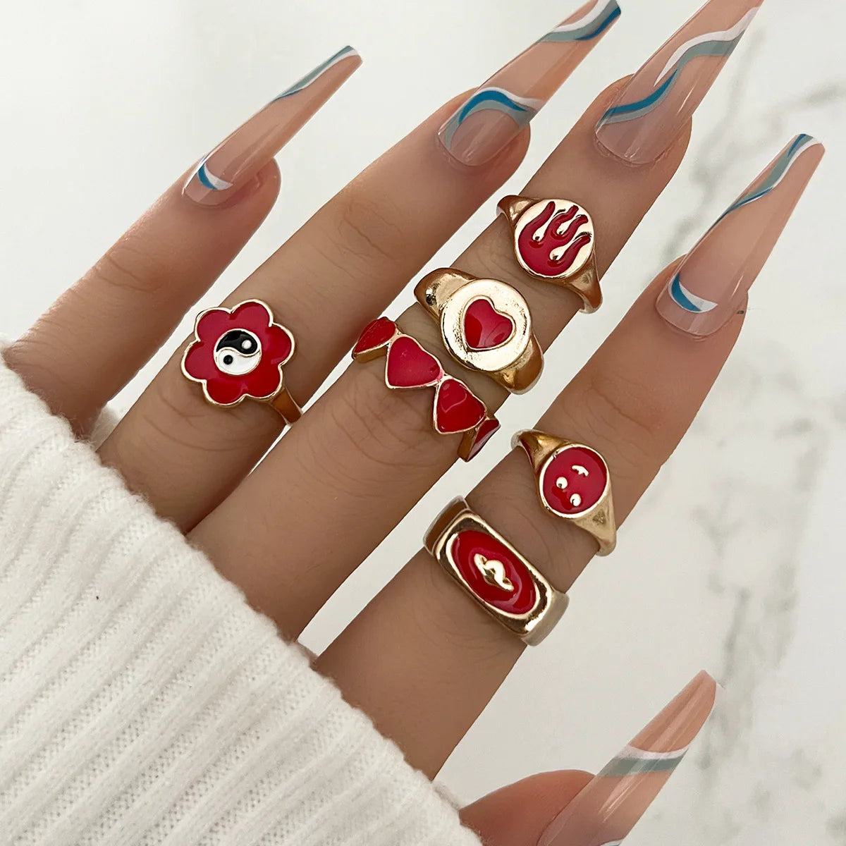 Aveuri-Christmas Gift New Year's Eve Gift Bohemia Geometric Colorful Enamel Kunckle Ring Set For Women Butterfly Heart Sign Finger Ring Female Daily Jewelry