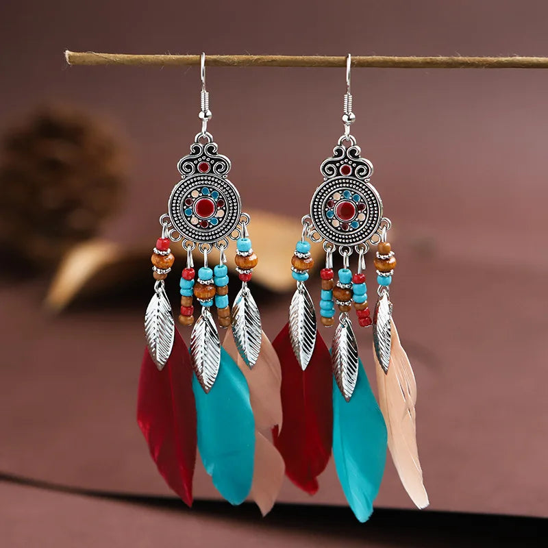 Aveuri-Christmas Gift New Year's Eve Gift Bohemian Ethnic Feather Drop Earrings For Women Elegant Wood Beads Leaf Long Tassels Dangle Earring Girls Fashion Party Jewelry