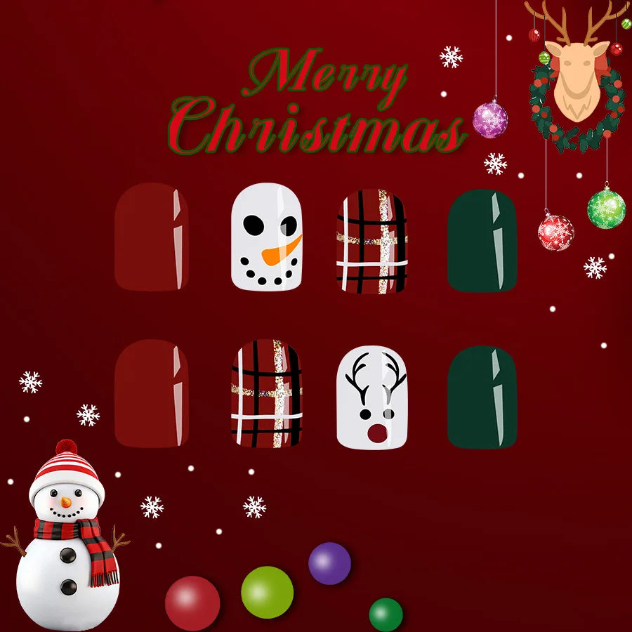 24Pcs Red,Green,White Christmas Press on Nails Snowman Elk with Glitter Full Cover Fake Nail Tips for Women&Girls Festival Wear