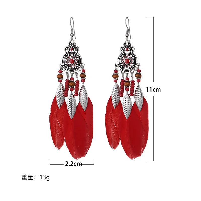 Aveuri-Christmas Gift New Year's Eve Gift Bohemian Ethnic Feather Drop Earrings For Women Elegant Wood Beads Leaf Long Tassels Dangle Earring Girls Fashion Party Jewelry