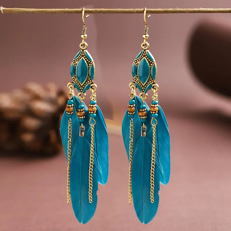 Aveuri-Christmas Gift New Year's Eve Gift New Ethnic Long Feather Dangle Earrings For Women Bohemian Tassel Beads Handmade Enamel Earrings Girl Bride Wedding Jewelry