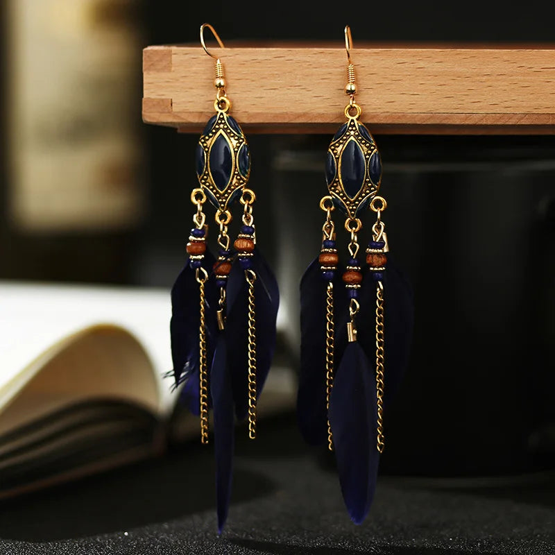 Aveuri-Christmas Gift New Year's Eve Gift New Ethnic Long Feather Dangle Earrings For Women Bohemian Tassel Beads Handmade Enamel Earrings Girl Bride Wedding Jewelry