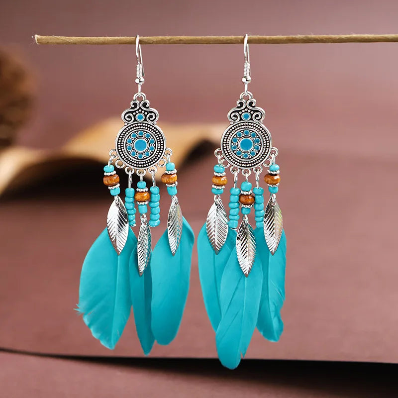 Aveuri-Christmas Gift New Year's Eve Gift Bohemian Ethnic Feather Drop Earrings For Women Elegant Wood Beads Leaf Long Tassels Dangle Earring Girls Fashion Party Jewelry