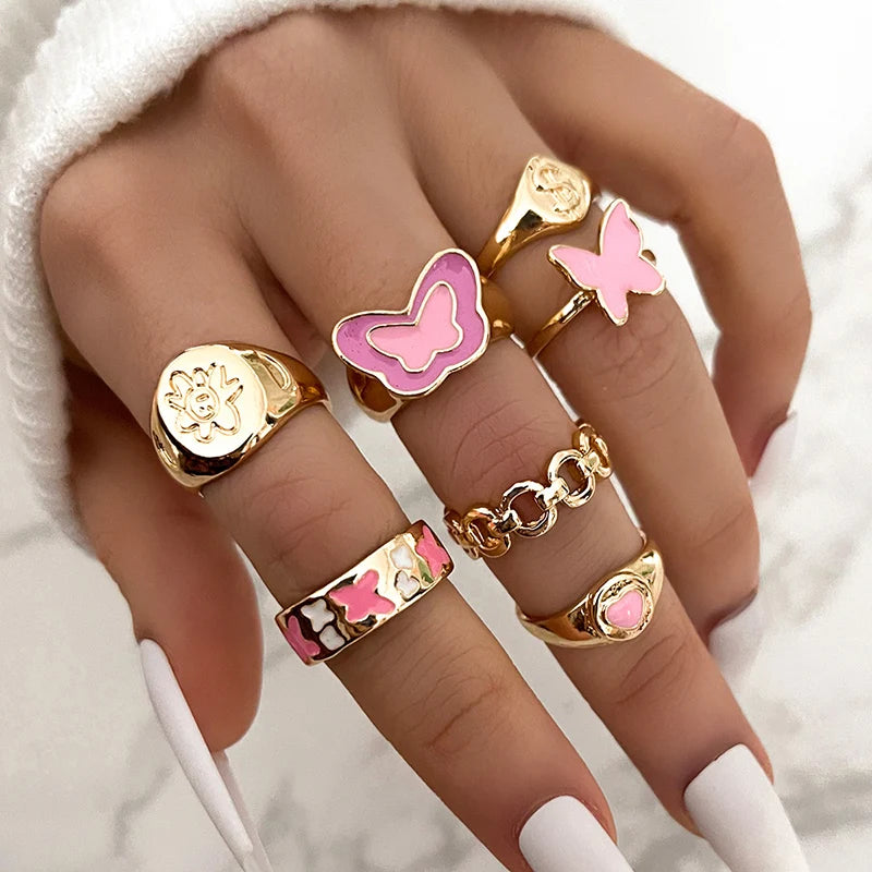 Aveuri-Christmas Gift New Year's Eve Gift Bohemia Geometric Colorful Enamel Kunckle Ring Set For Women Butterfly Heart Sign Finger Ring Female Daily Jewelry