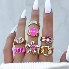 Aveuri-Christmas Gift New Year's Eve Gift Bohemia Geometric Colorful Enamel Kunckle Ring Set For Women Butterfly Heart Sign Finger Ring Female Daily Jewelry