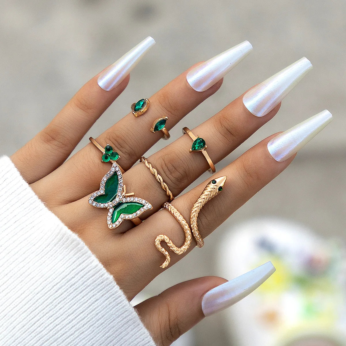 Aveuri-Christmas Gift New Year's Eve Gift Colorful Crystal Snake Shape Ring Set For Women Fashion Butterfly Heart Gold Color Geometric Rings Female Wedding Finger Jewelry