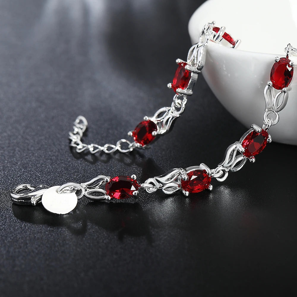 Aveuri 925 Sterling Silver Wild red crystal chain Bracelets for women fashion lady Wedding party beautiful Christmas gifts fine Jewelry